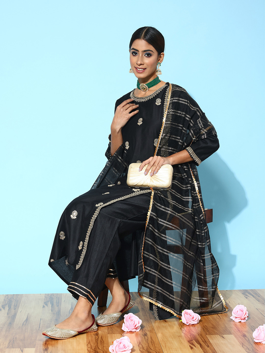 

Indo Era Floral Embroidered Regular Sequinned Liva Kurta with Palazzos & Dupatta, Black