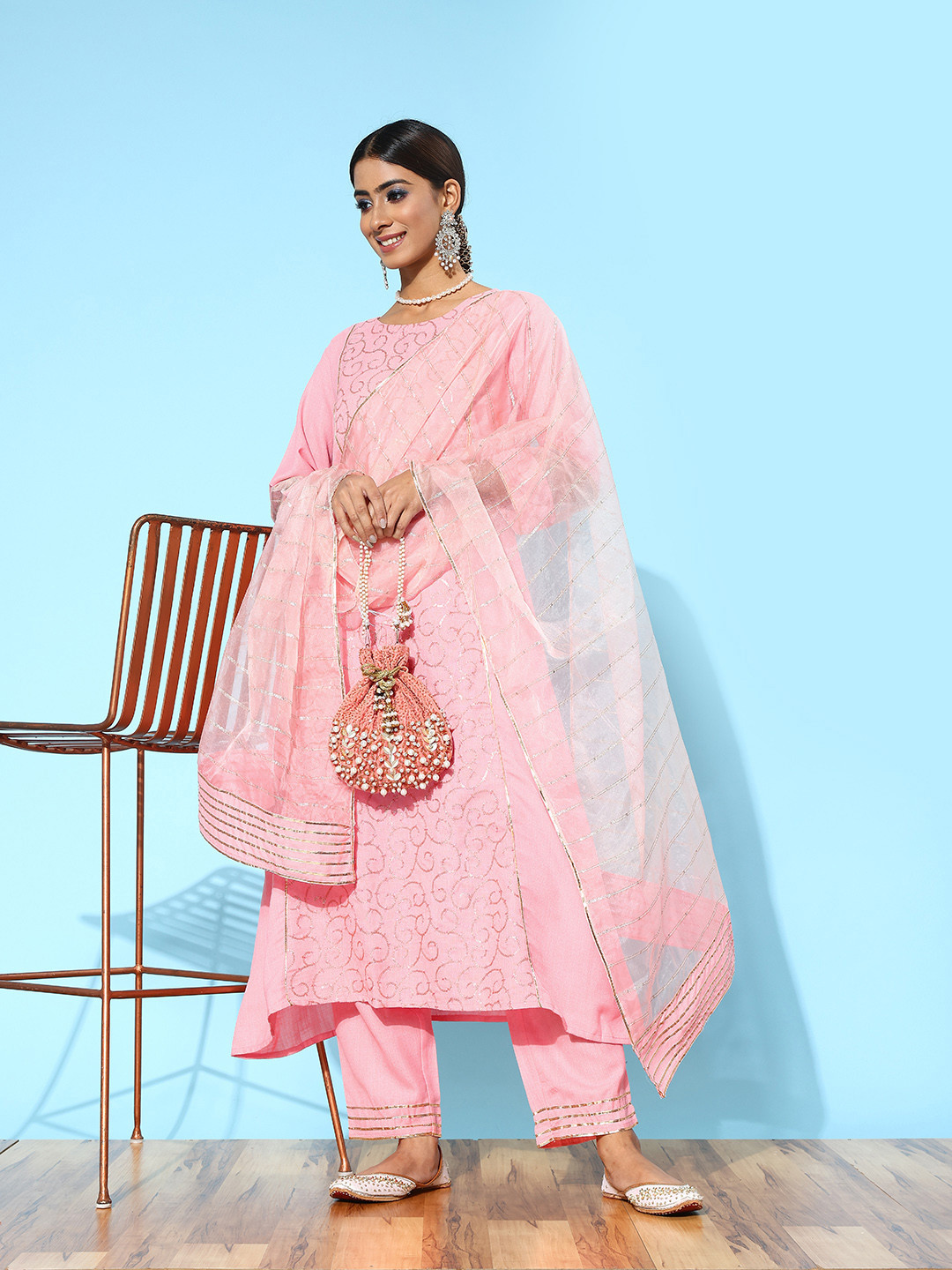 

Indo Era Ethnic Motifs Embroidered Regular Sequinned Kurta with Palazzos & Dupatta, Pink