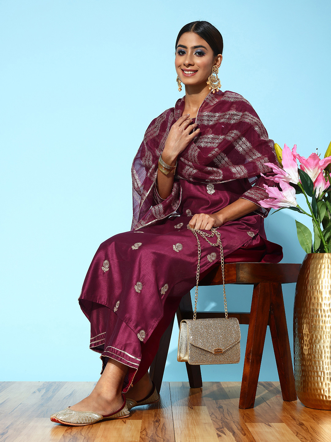 

Indo Era Floral Zari Embroidered Regular Kurta with Palazzos & Dupatta, Magenta