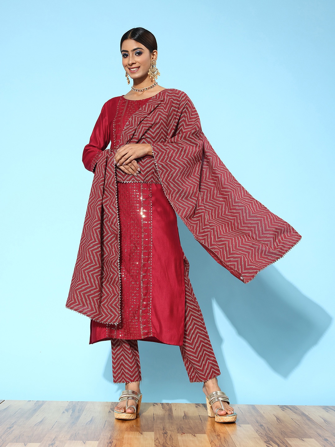 

Indo Era Embroidered Regular Sequinned Kurta with Trousers & Dupatta, Red