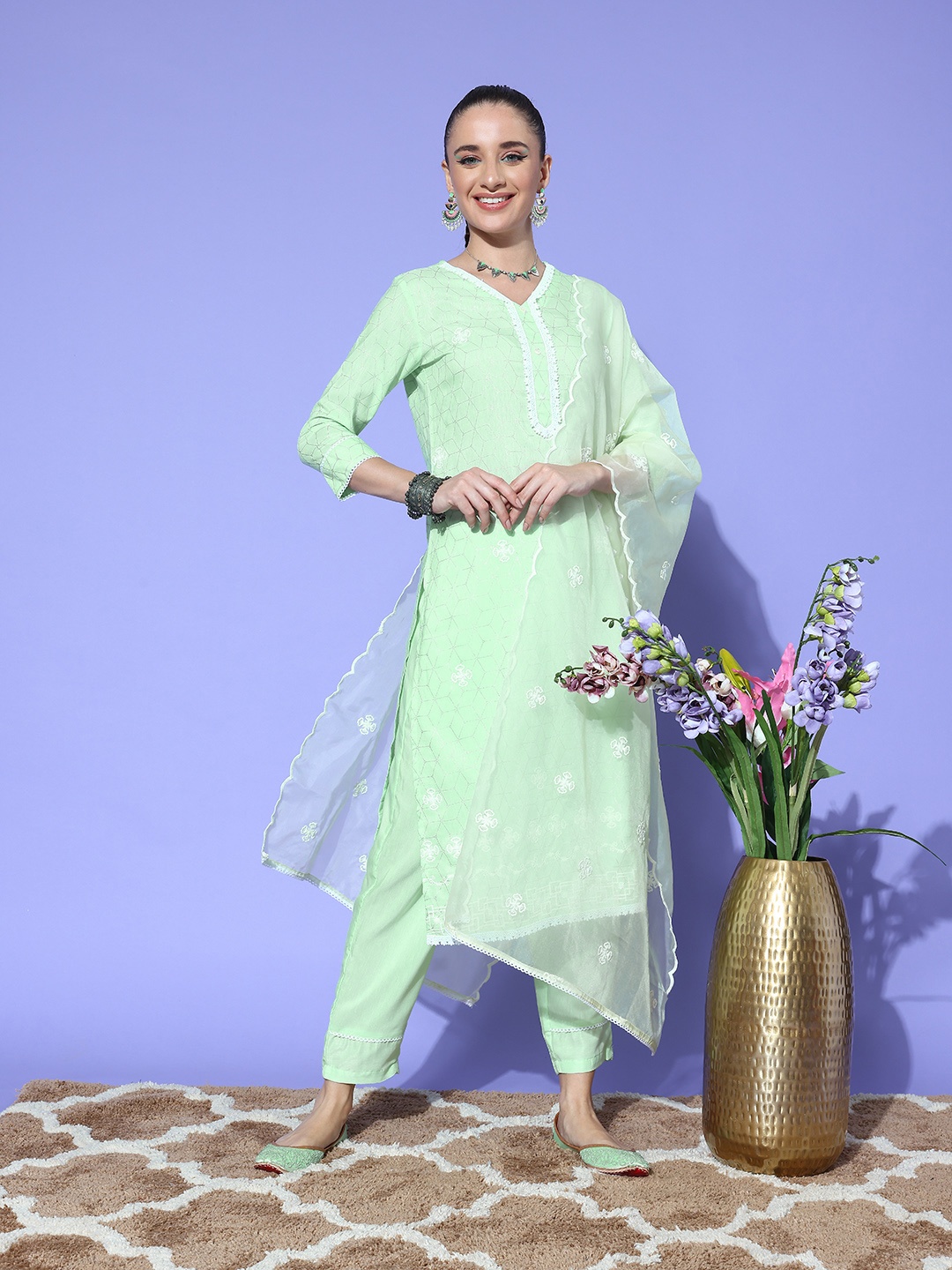 

Indo Era Women Printed Regular Kurta with Trousers & With Dupatta, Sea green