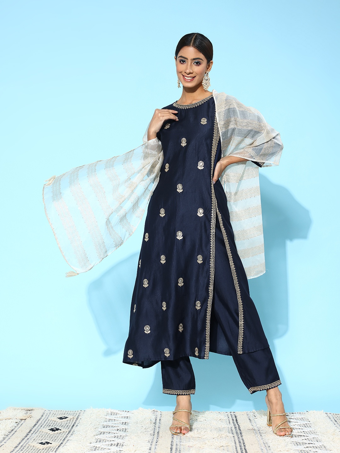 

Indo Era Women Floral Embroidered Sequinned Liva Kurta with Trousers & With Dupatta, Navy blue