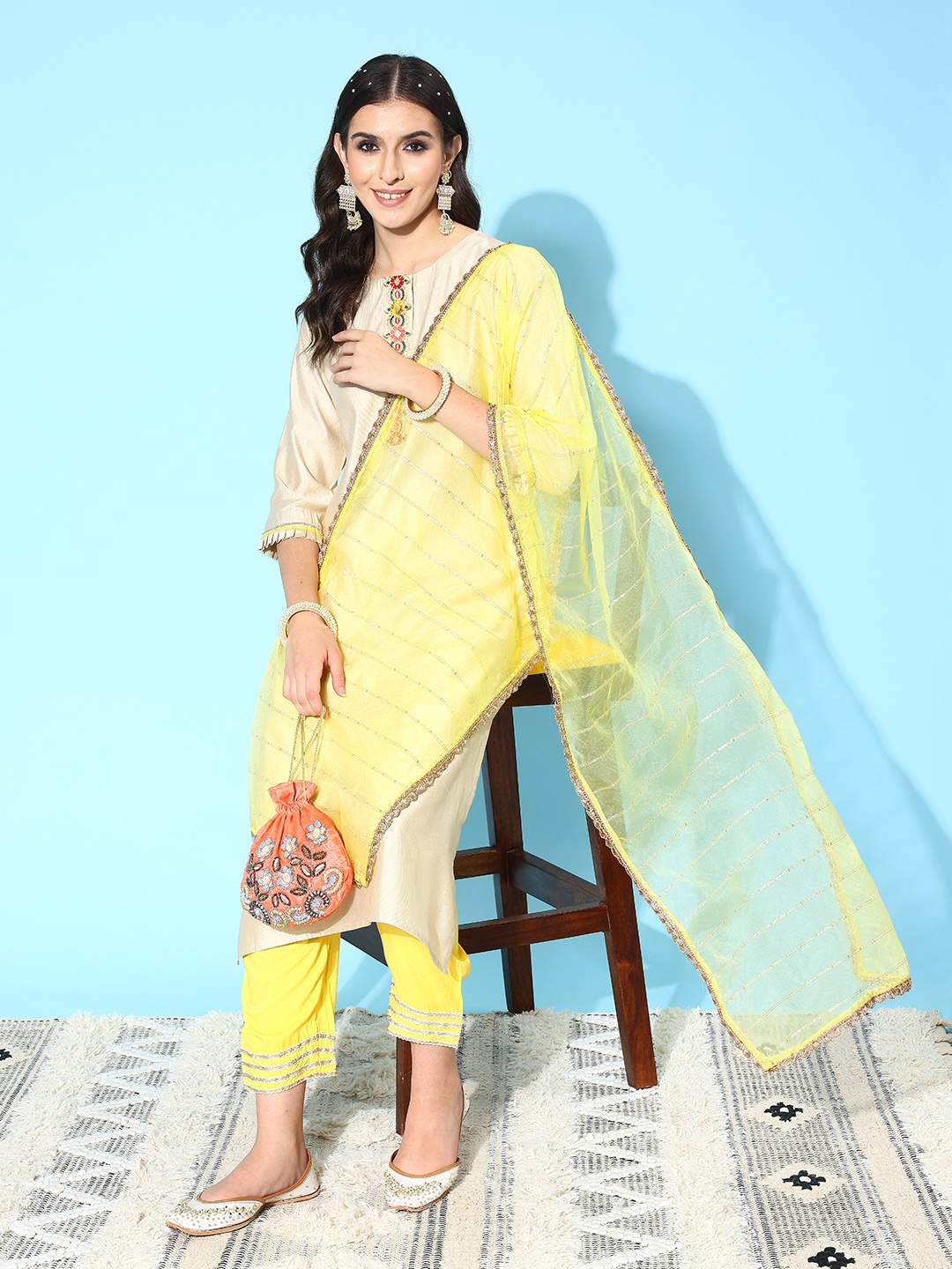 

Indo Era Women Floral Embroidered Sequinned Liva Kurta with Palazzos & With Dupatta, Off white
