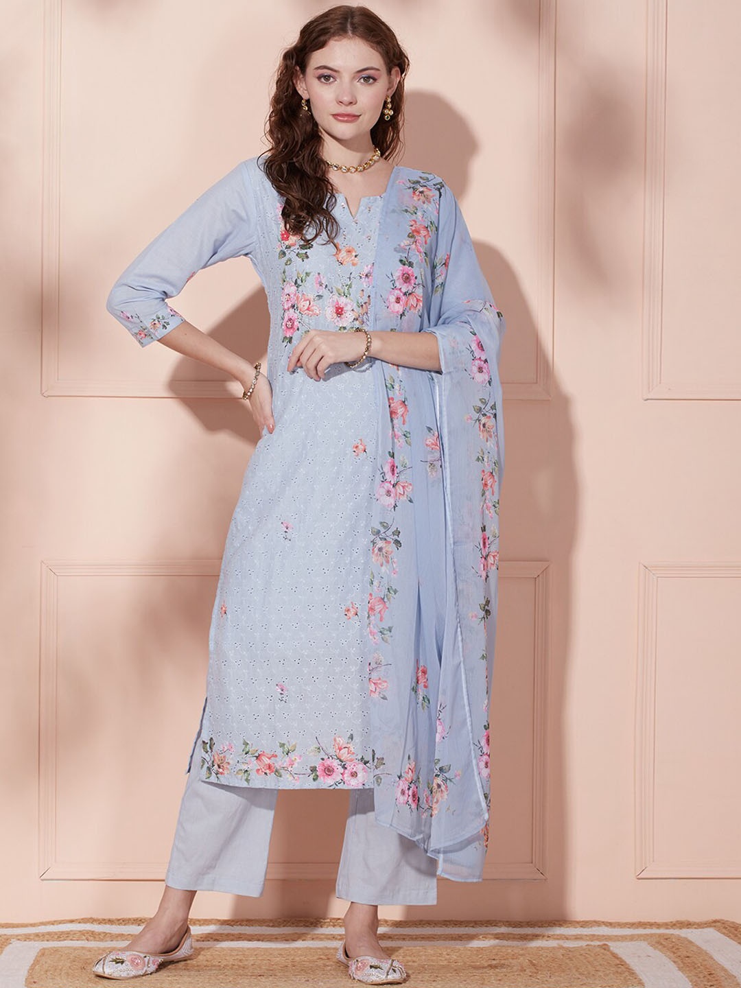 

FASHOR Blue Floral Printed Thread Work Pure Cotton Kurta & Trousers With Dupatta