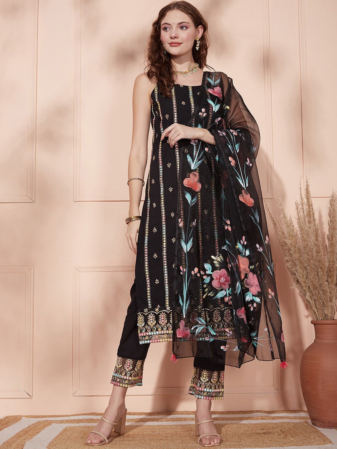 

FASHOR Black Floral Embroidered Mirror Work Pure Cotton Kurta & Trousers With Dupatta
