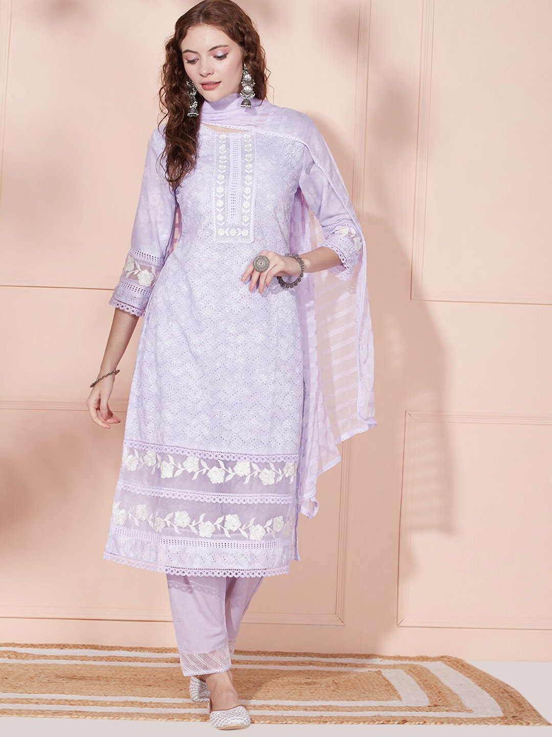 

FASHOR Purple Floral Printed Thread Work Pure Cotton Kurta & Trousers With Dupatta