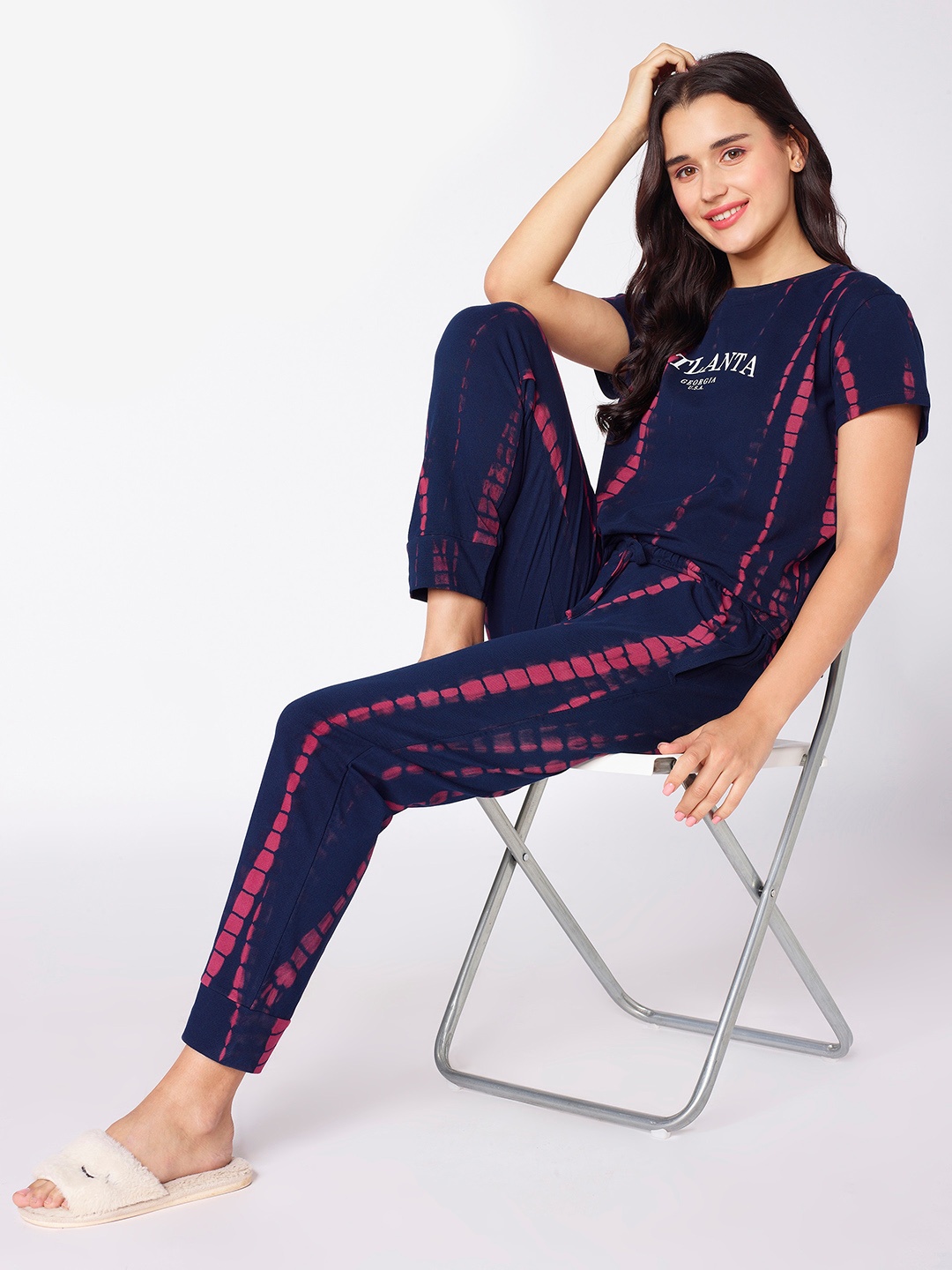 

beebelle Navy Blue & Magenta Tie-Dye Printed Pure Cotton Night suit