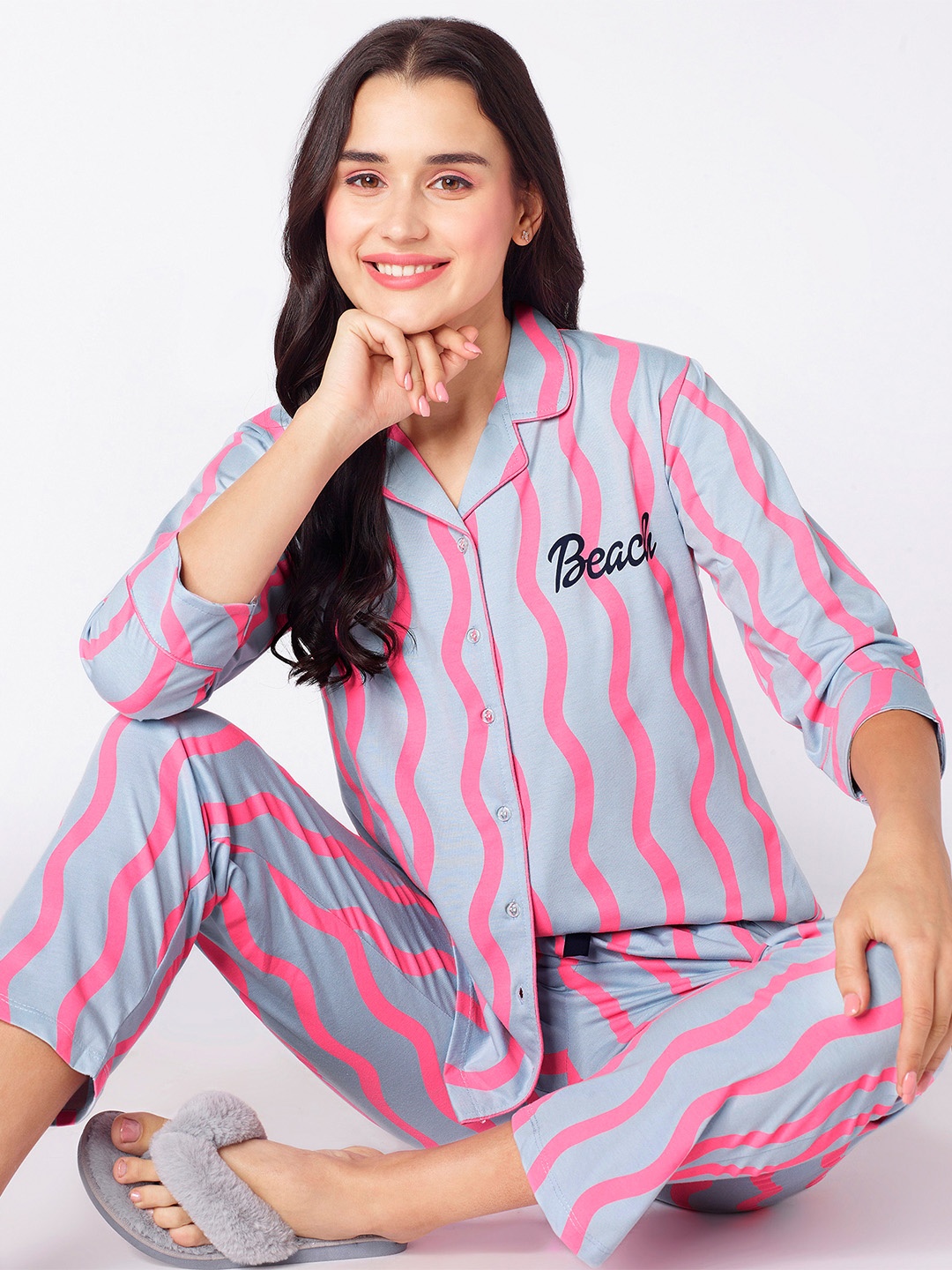 

beebelle Pink & Grey Printed Night Suit