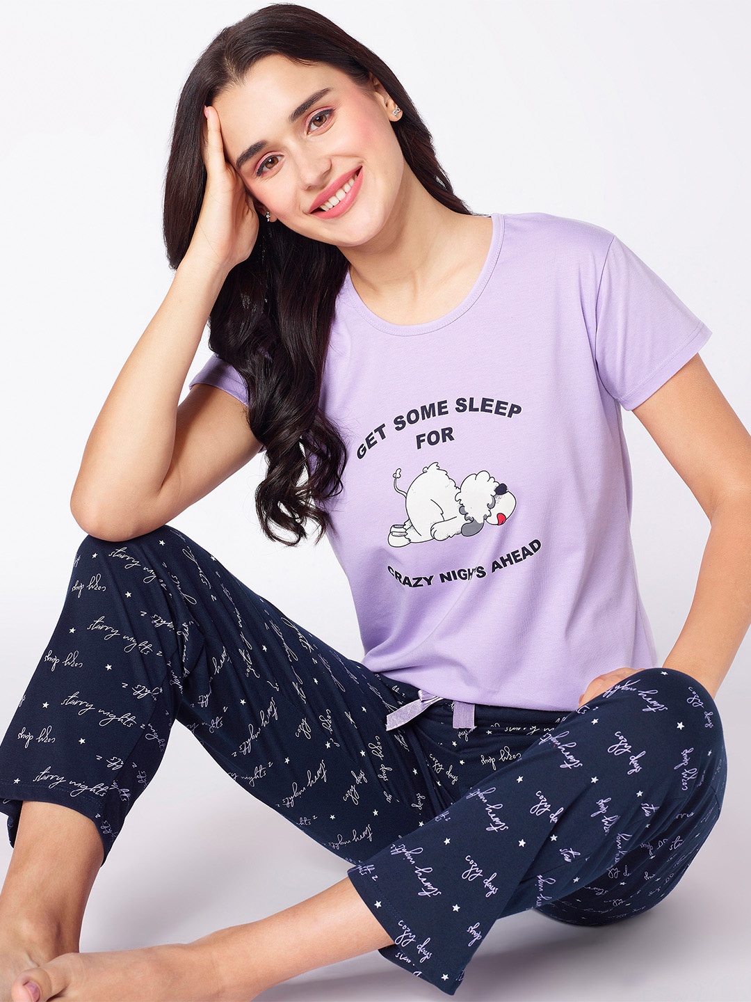 beebelle Typography Printed Cotton Night suit, Lavender