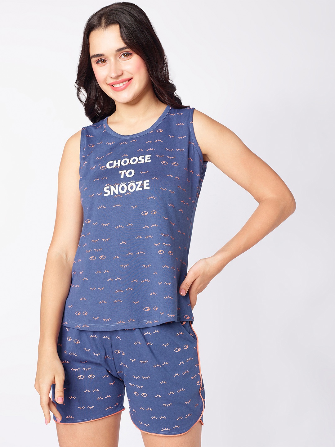 

beebelle Blue Graphic Printed Sleeveless Night suit