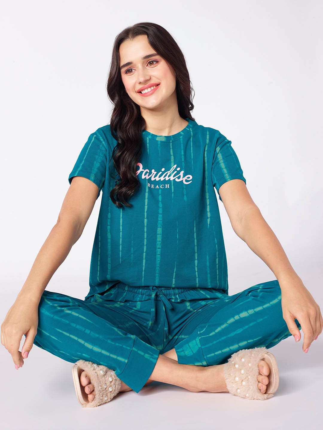 

beebelle Blue Tie And Dye Printed Pure Cotton Night Suit, Teal