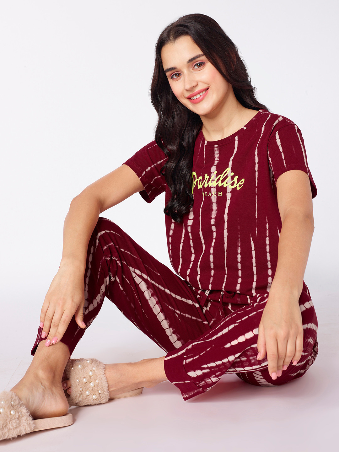 

beebelle Red & White Tie And Dye Printed Pure Cotton Night Suit