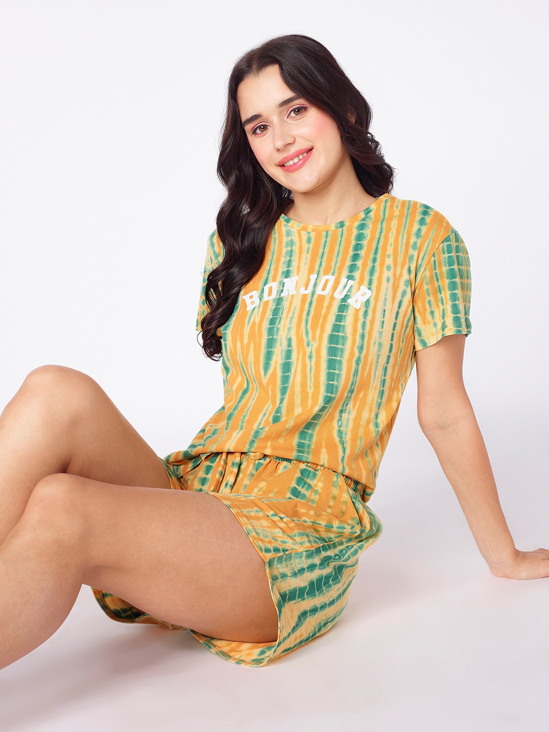 

beebelle Green & Yellow Tie And Dye Printed Pure Cotton Night Suit