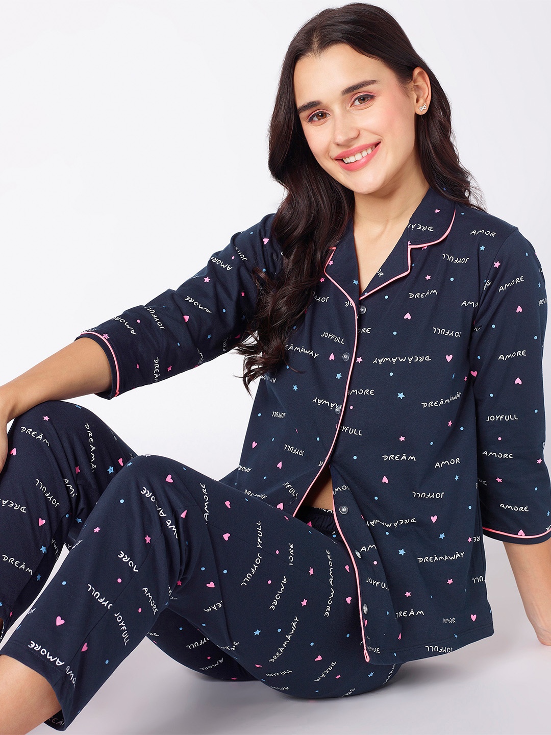 

beebelle Typography Printed Cotton Night suit, Navy blue