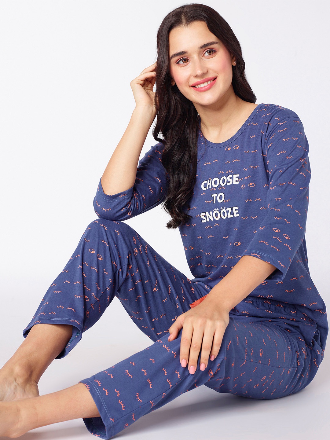 

beebelle Navy Blue & White Graphic Printed Night suit