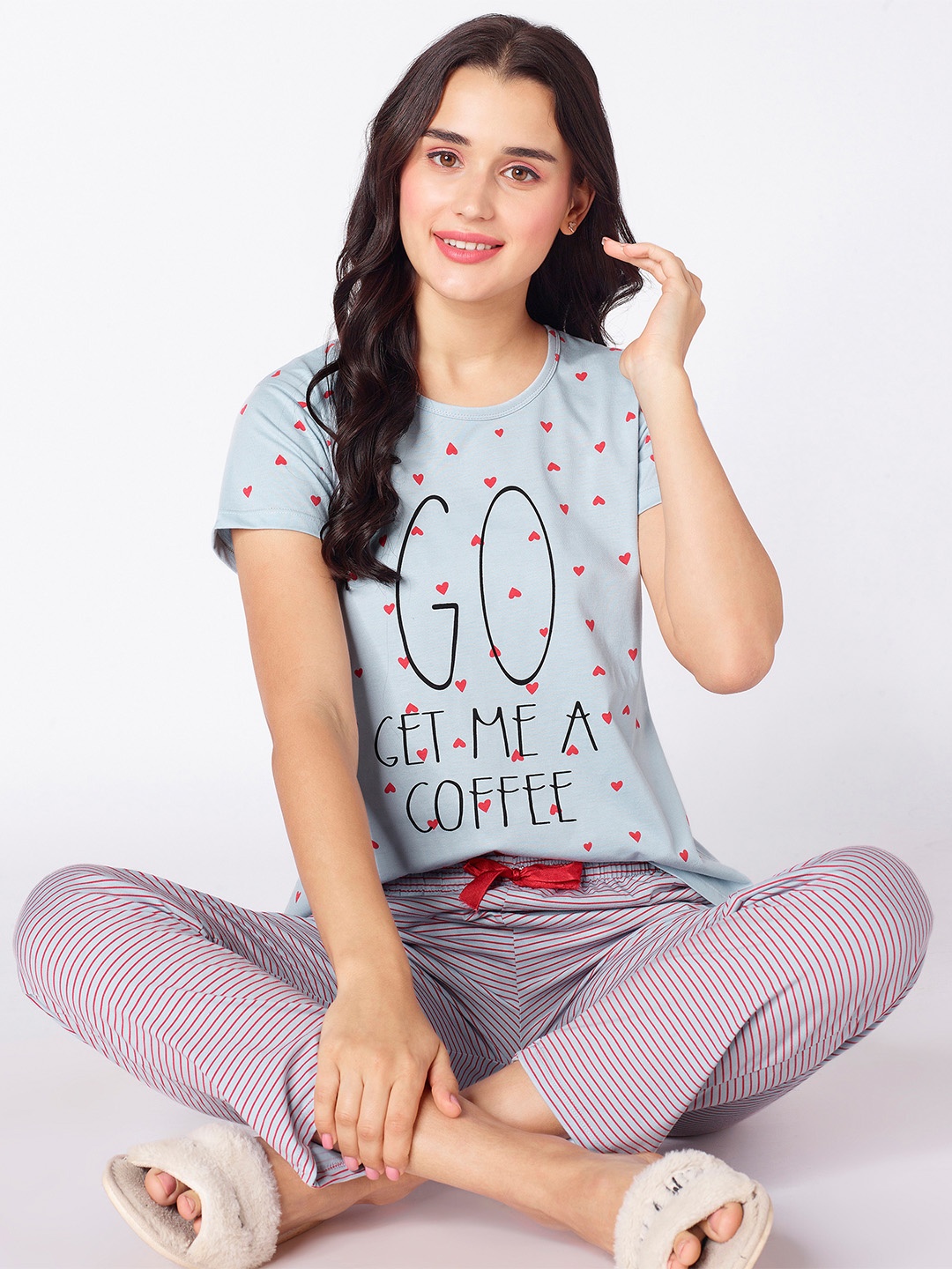 

beebelle Typography Printed Cotton Night suit, Grey