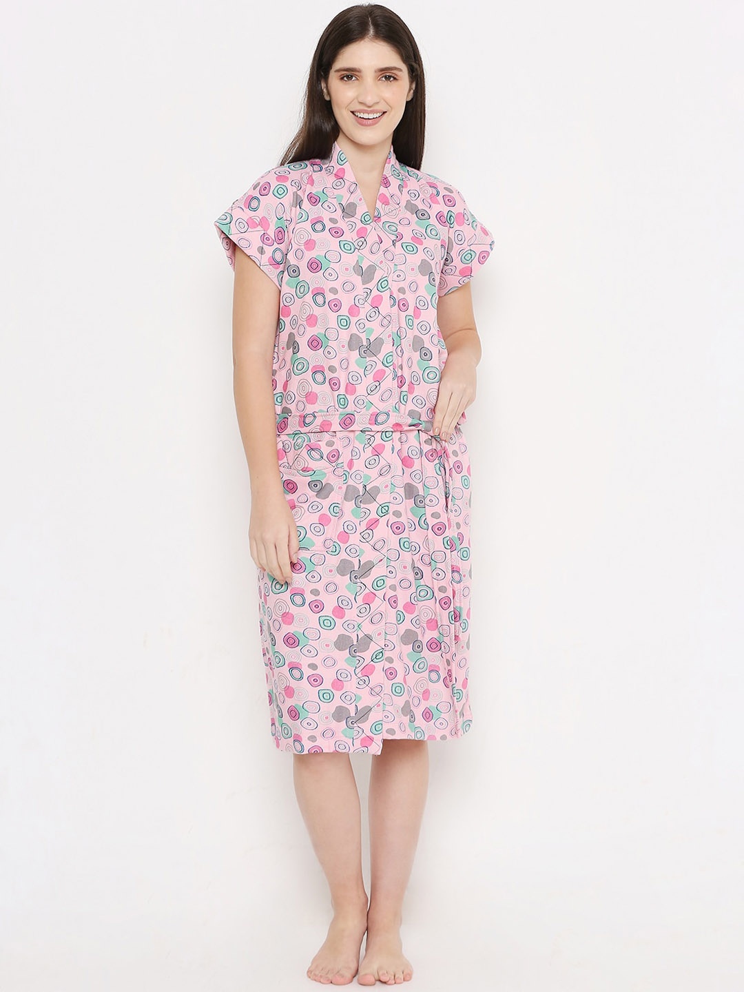 

Sand Dune Women Printed Terry Cotton Bath Robe, Pink
