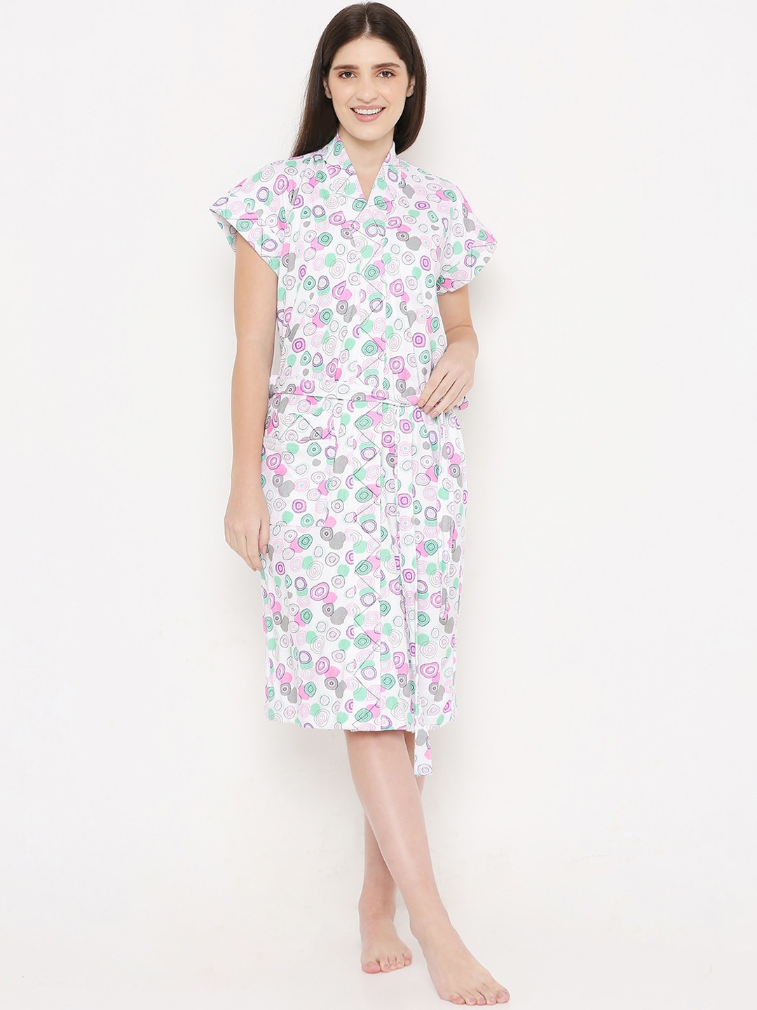 

Sand Dune Women Printed Terry Cotton Bath Robe, White