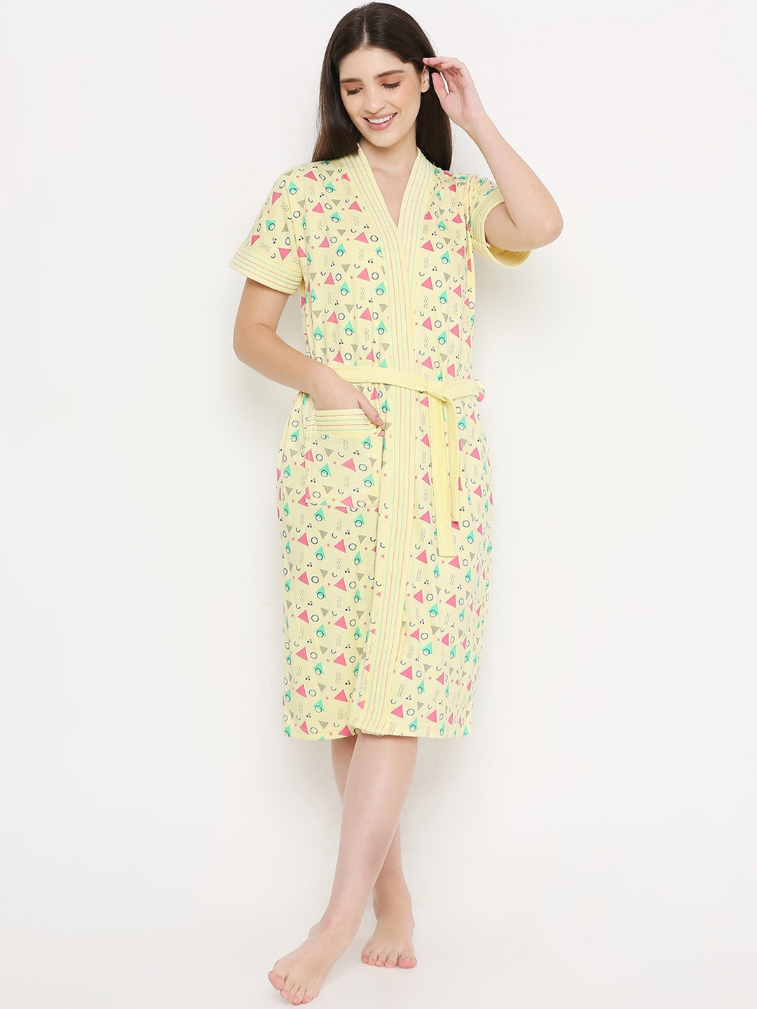 

Sand Dune Women Printed Terry Cotton Bath Robe, Yellow