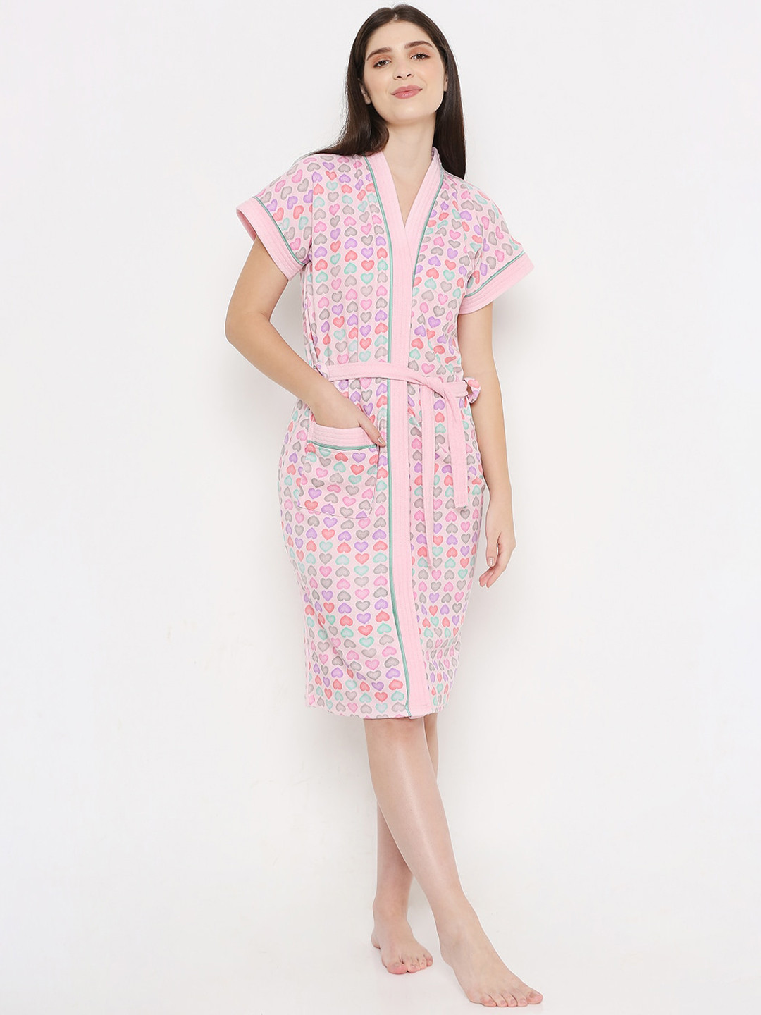 

Sand Dune Women Printed Terry Cotton Bath Robe, Pink