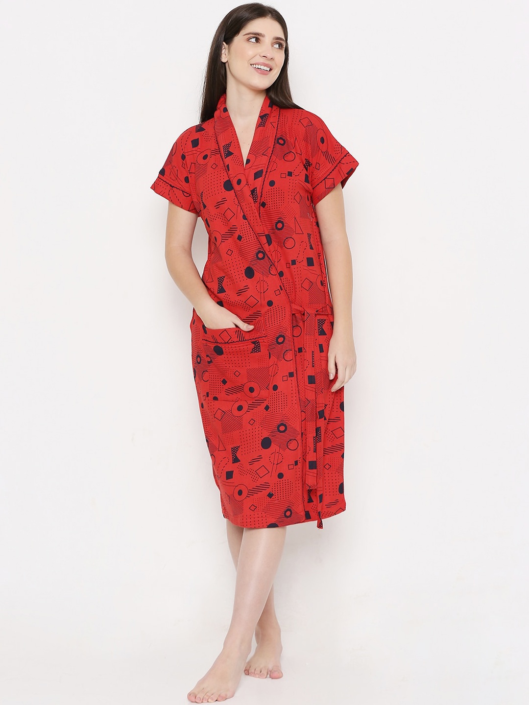 

Sand Dune Women Printed Terry Cotton Bath Robe, Red