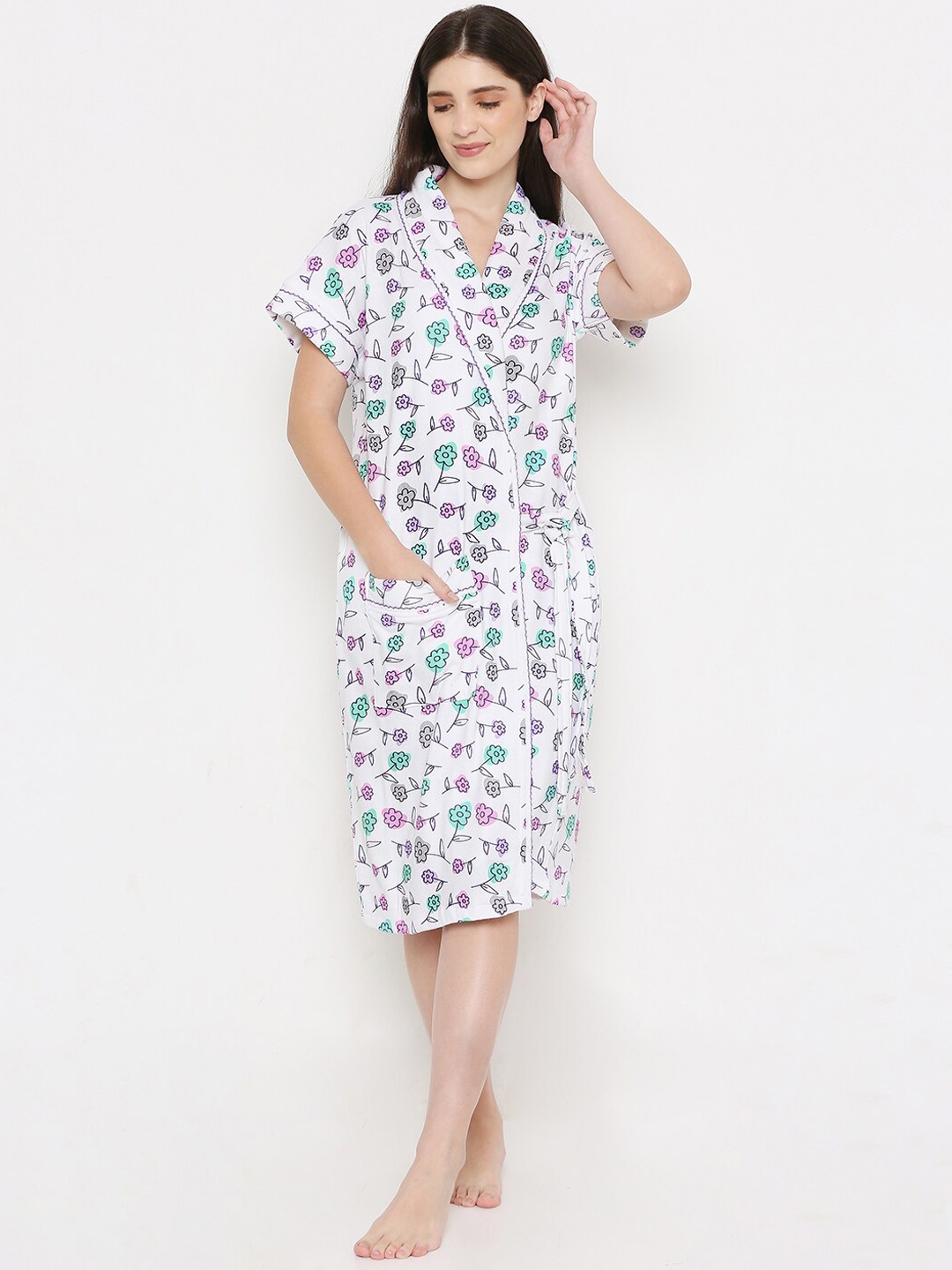 

Sand Dune Women Printed Terry Cotton Bath Robe, White
