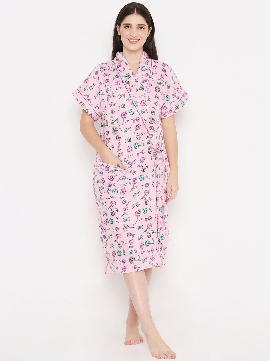 

Sand Dune Women Printed V-Neck Bath Robe, Pink