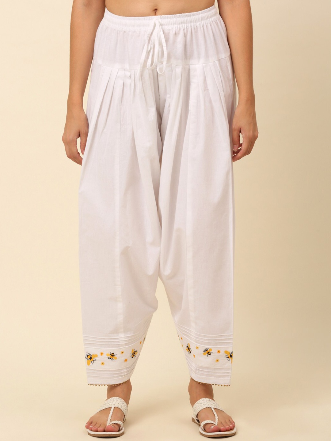 

Laado - Pamper Yourself Women Embroidered Mid-Rise Loose-Fit Pure Cotton Salwars, White