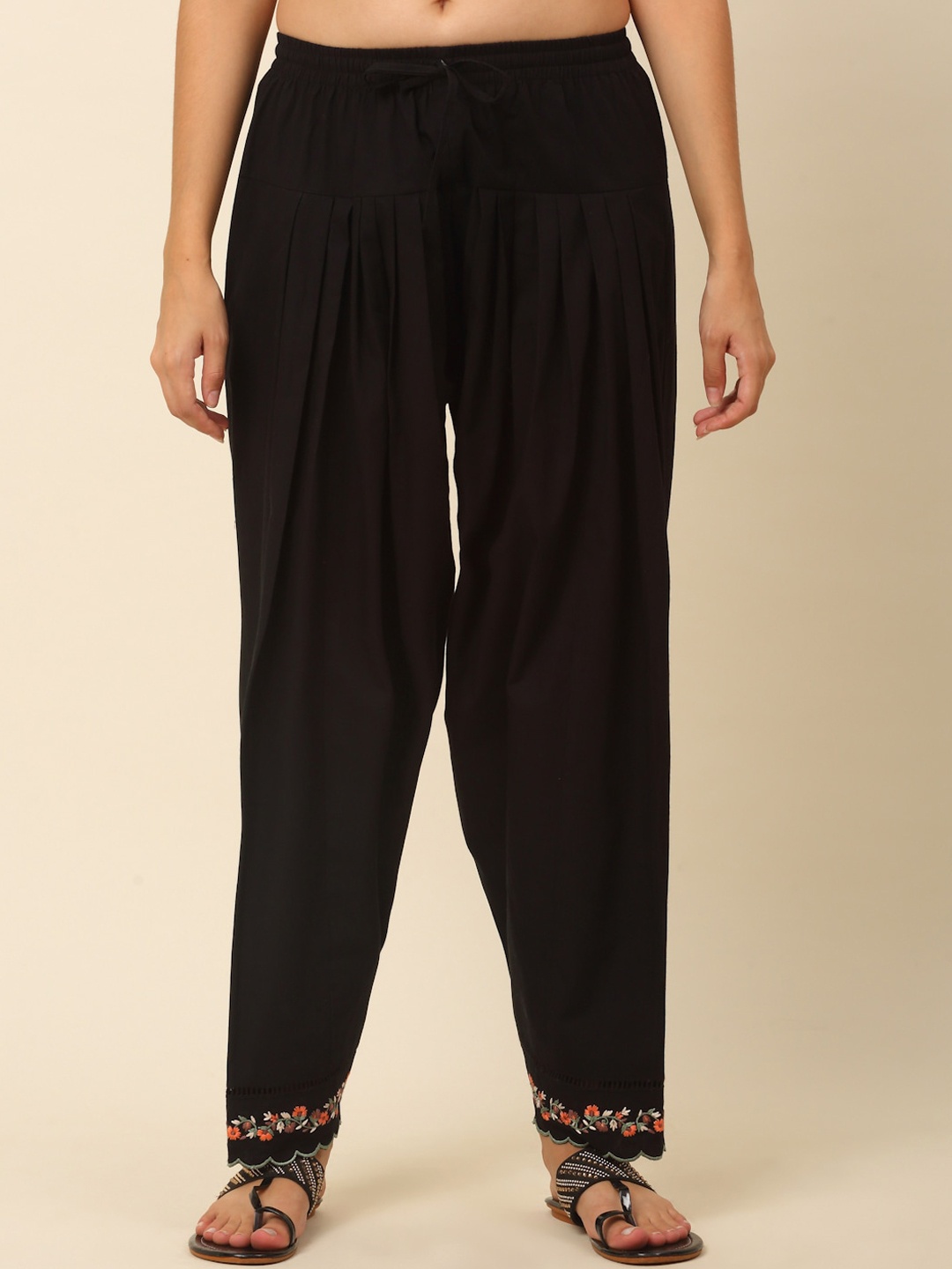 

Laado - Pamper Yourself Women Embroidered Mid-Rise Loose-Fit Pure Cotton Salwars, Black