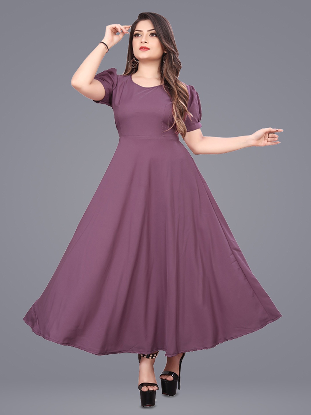 

N N ENTERPRISE Puff Sleeve Crepe Fit & Flare Maxi Dress, Purple