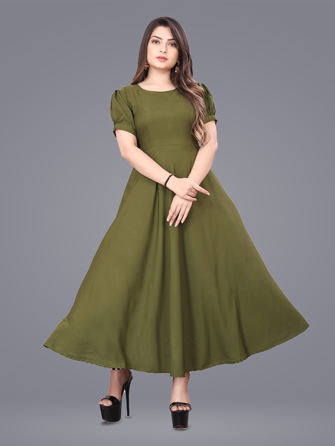 

N N ENTERPRISE Floral Flared Sleeves Anarkali Gown Kurta, Olive