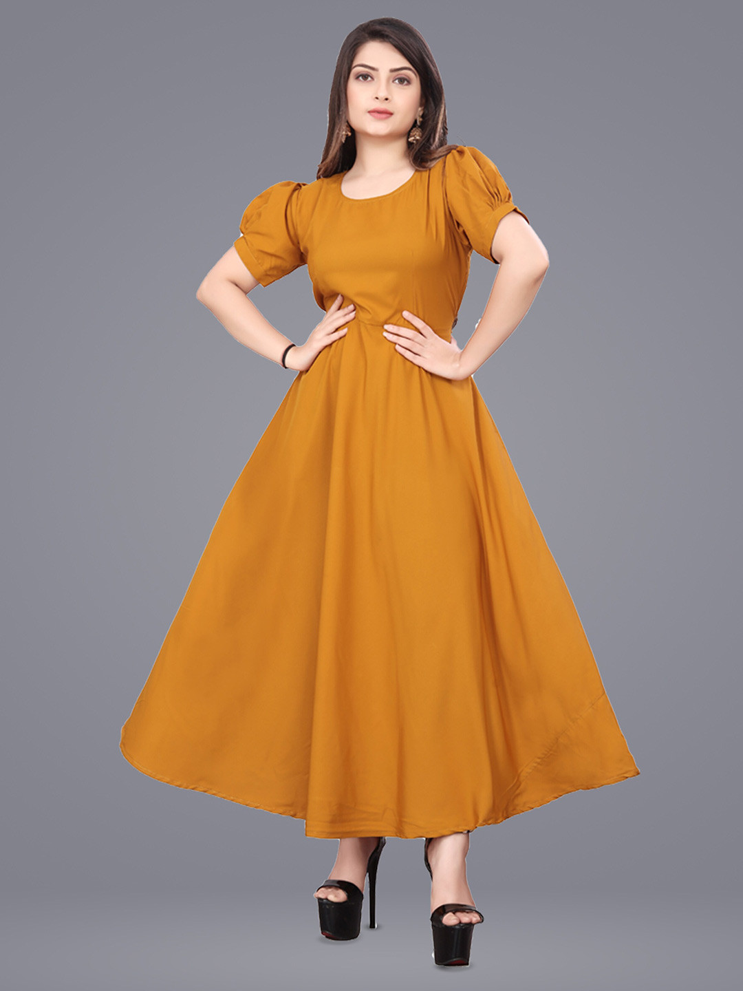

N N ENTERPRISE Floral Flared Sleeves Anarkali Gown Kurta, Yellow