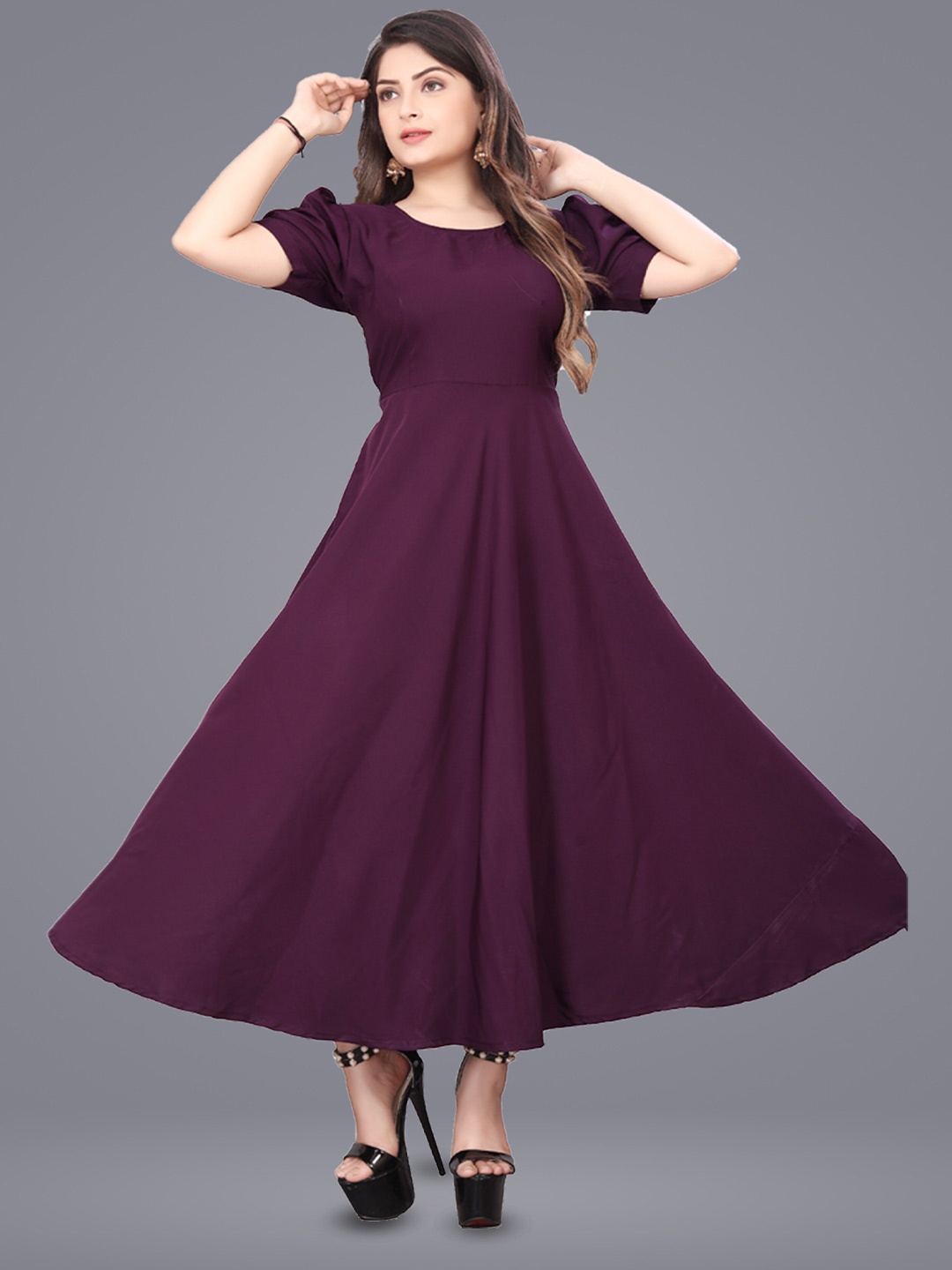 

N N ENTERPRISE Puff Sleeve Crepe Fit & Flare Maxi Dress, Purple