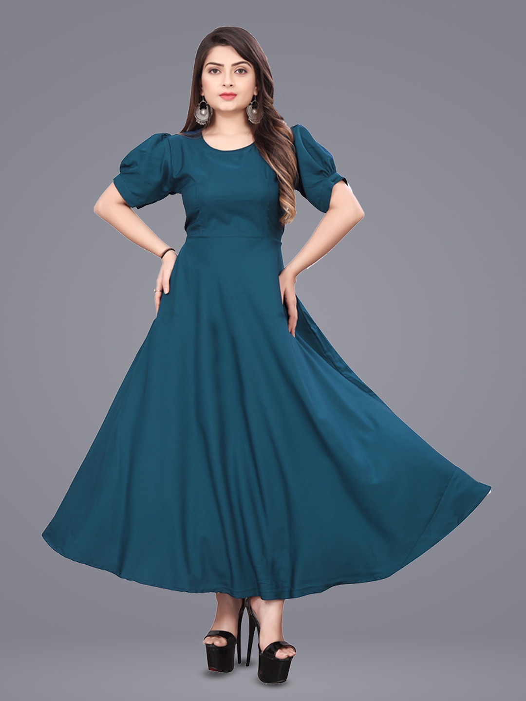 

N N ENTERPRISE Floral Flared Sleeves Anarkali Gown Kurta, Turquoise blue