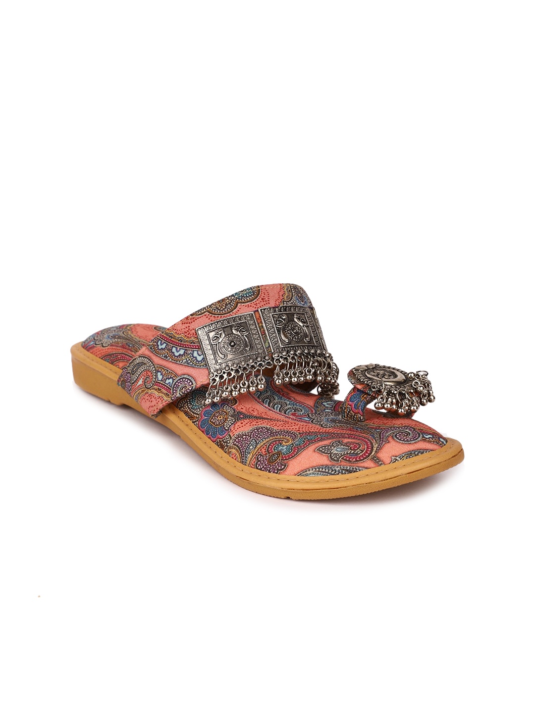 

The Desi Dulhan Printed Embellished One Toe Flats, Peach