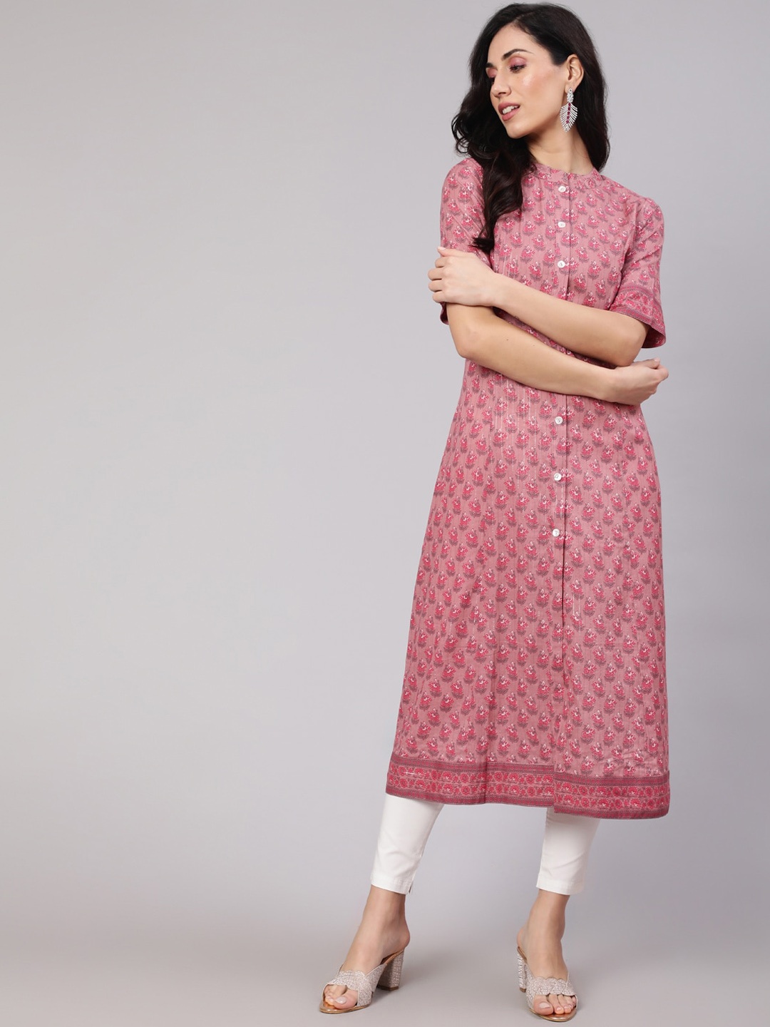 

AKS Floral Printed Mandarin Collar A-line Kurta, Pink