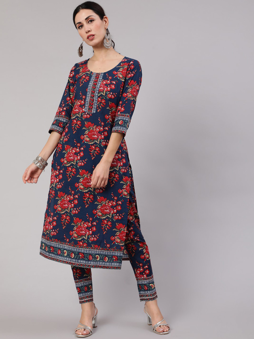 

AKS Floral Printed Round Neck Cotton Kurta, Navy blue