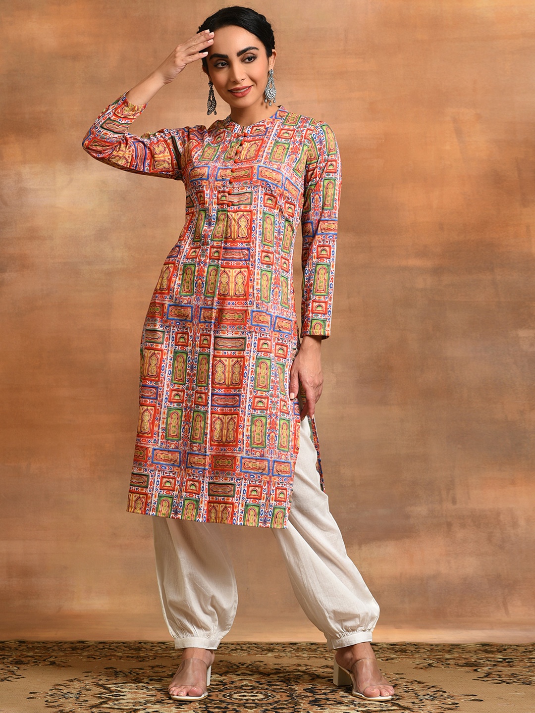

AKS Geometric Printed Mandarin Collar Kurta, Red