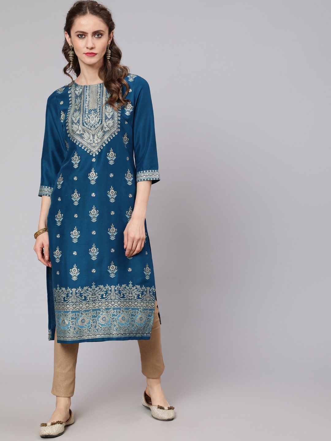 

AKS Ethnic Motifs Printed Round Neck Straight Kurta, Blue