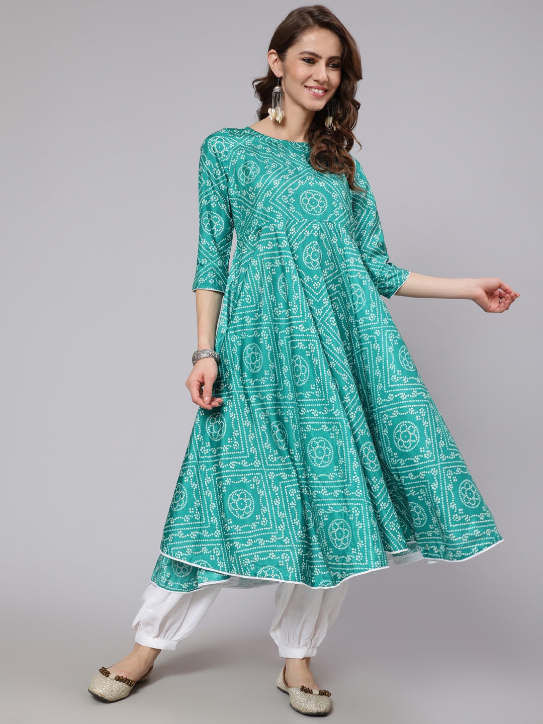 

AKS Bandhani Printed Boat Neck Anarkali Kurta, Green