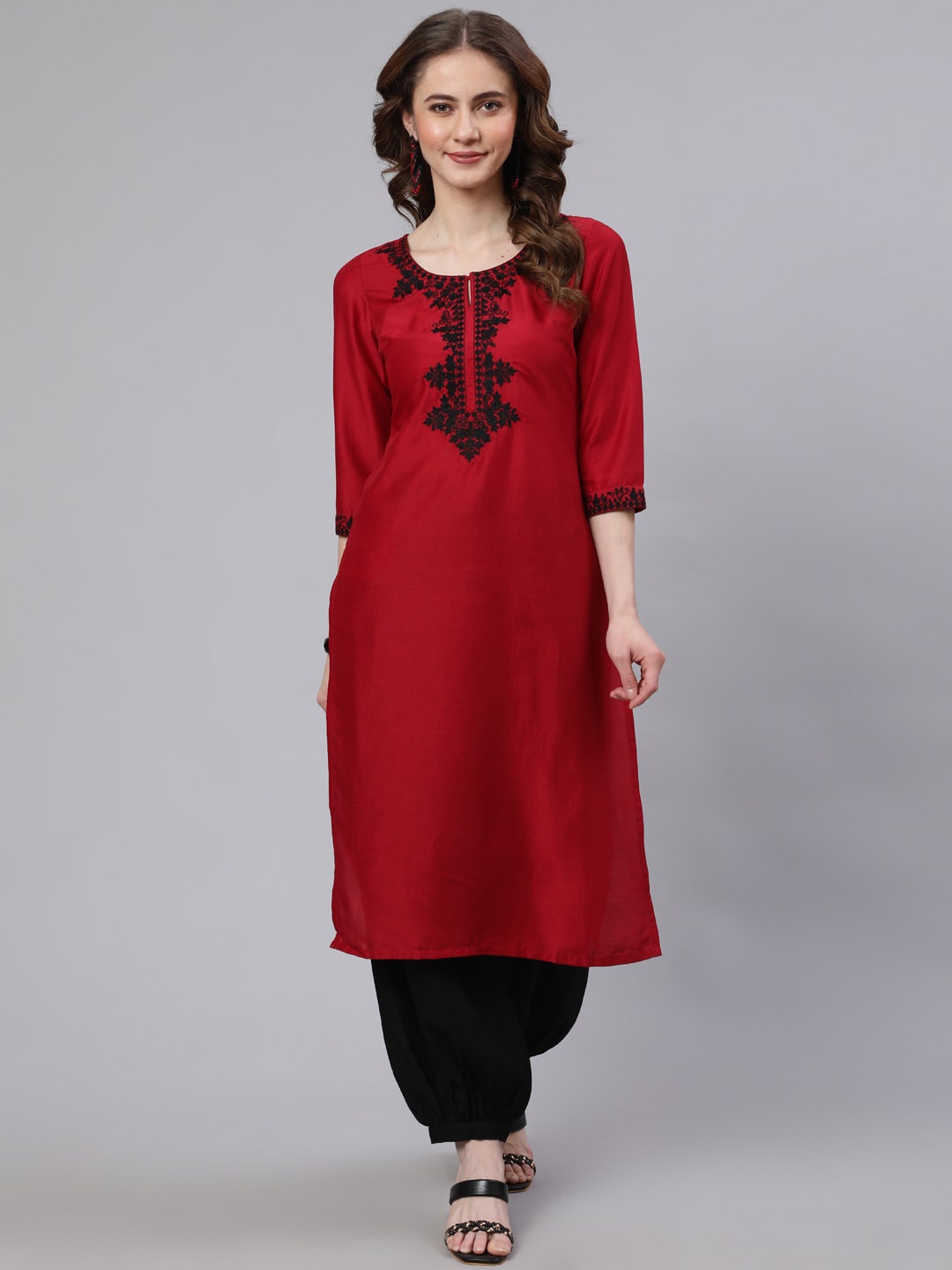 

AKS Ethnic Motifs Yoke Design Thread Work Silk Straight Kurta, Red