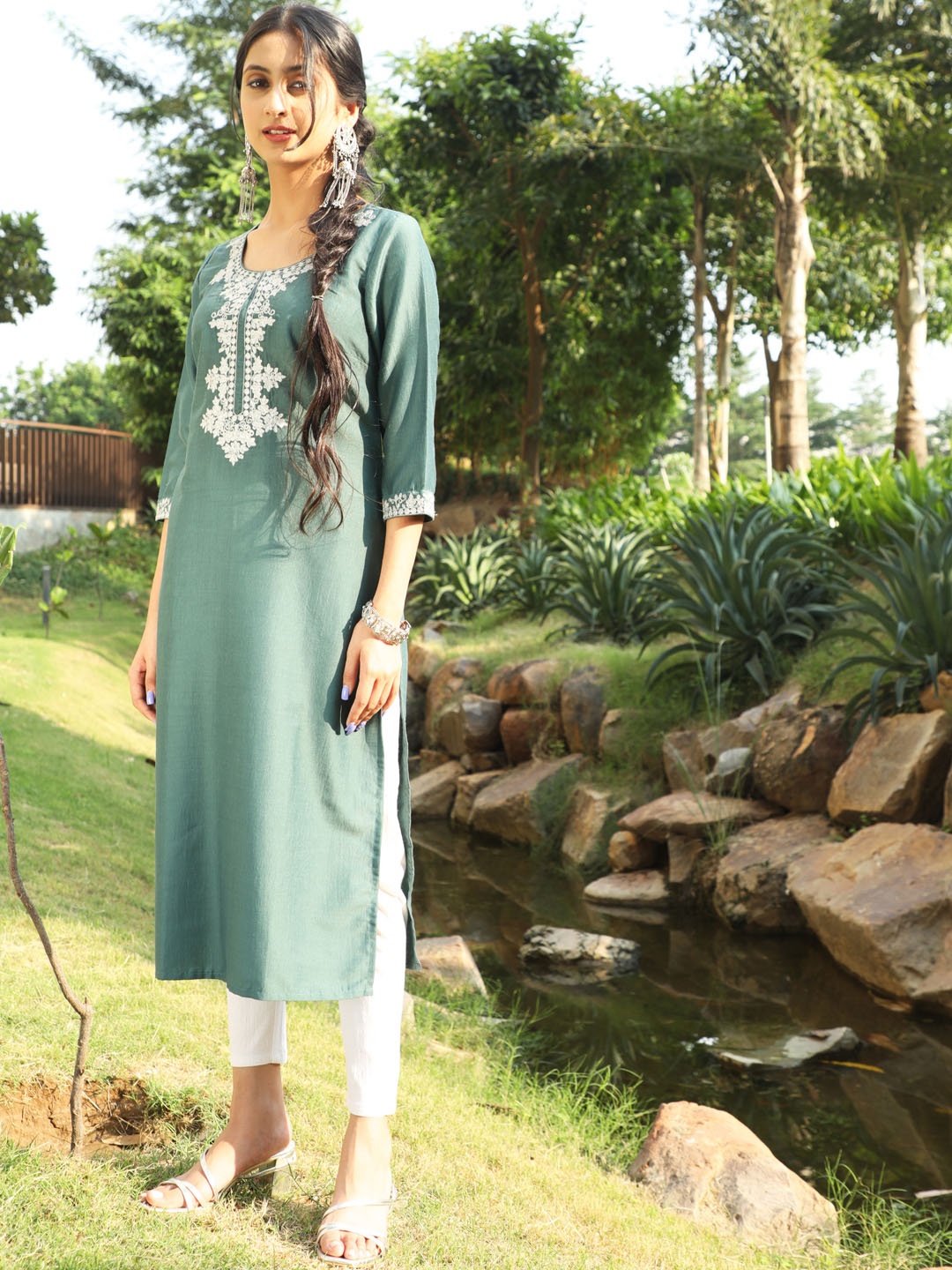 AKS Floral Yoke Design Thread Work Silk Kurta, Teal