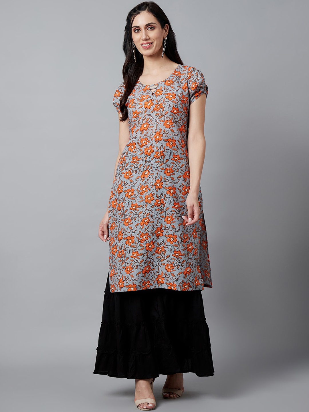 

AKS Floral Printed Cotton Straight Kurta, Grey