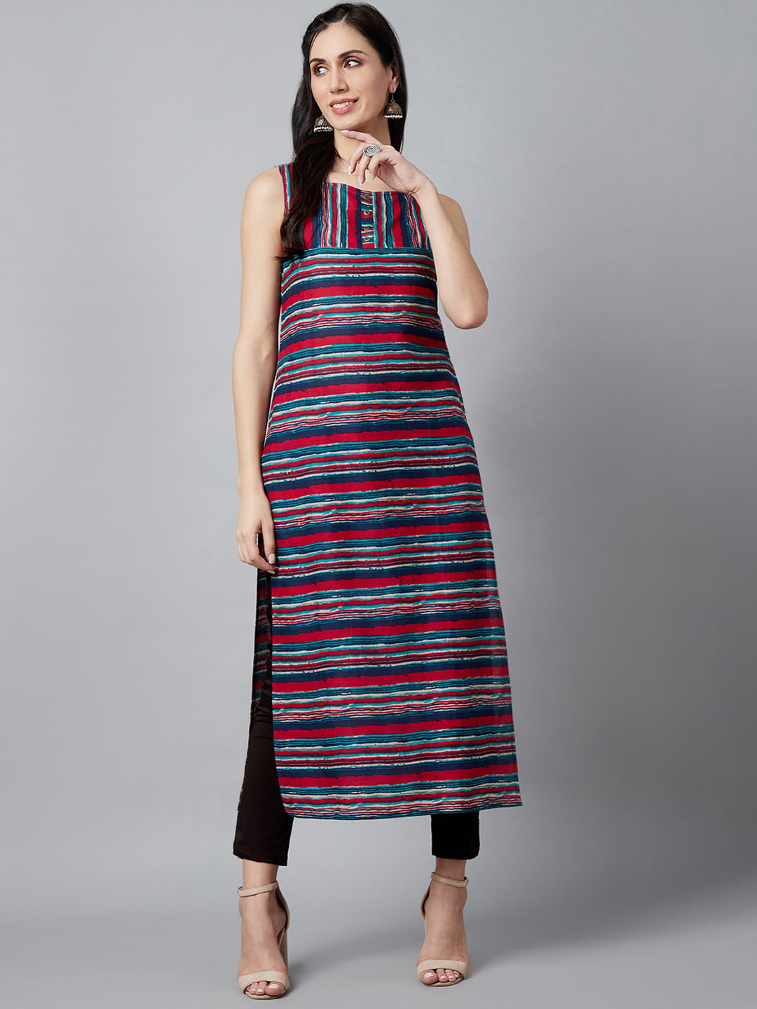 

AKS Striped Boat Neck Cotton Kurta, Navy blue