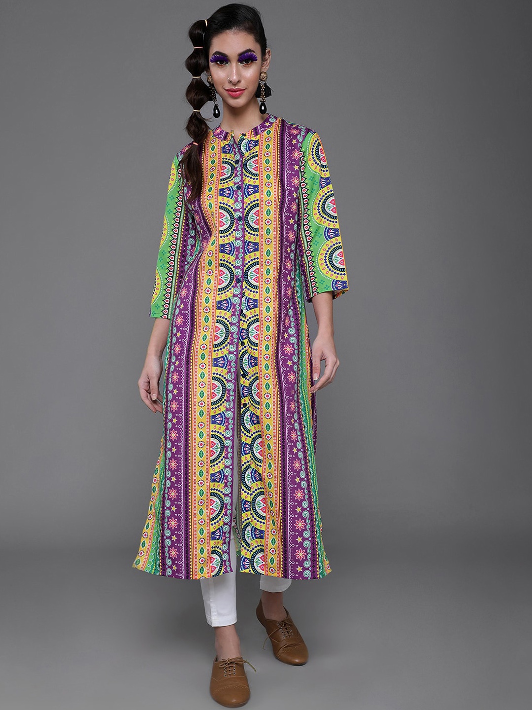 

AKS Ethnic Motifs Printed Mandarin Collar Cotton Silk Kurta, Purple