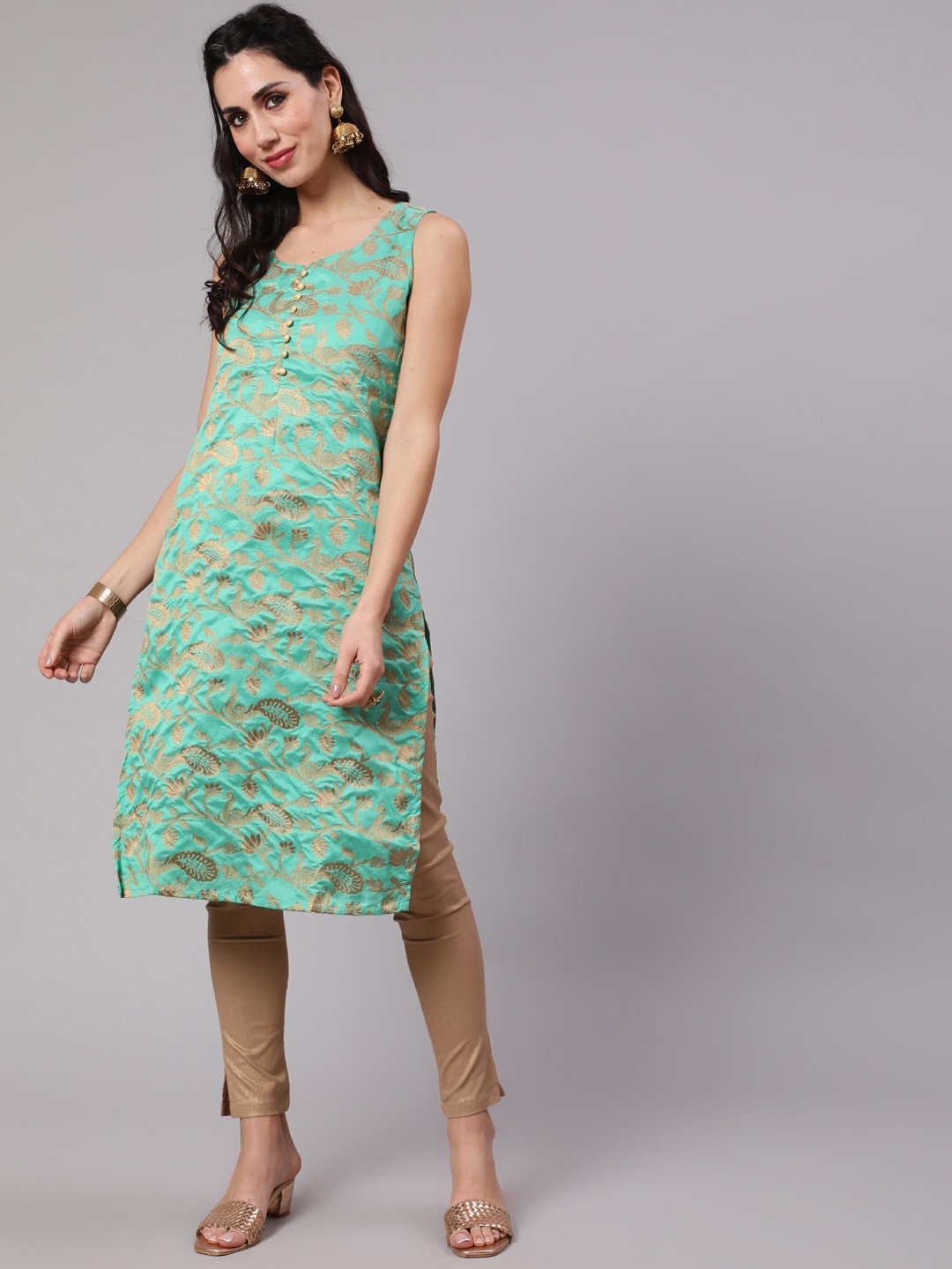 

AKS Woven Design Round Neck Straight Kurta, Green