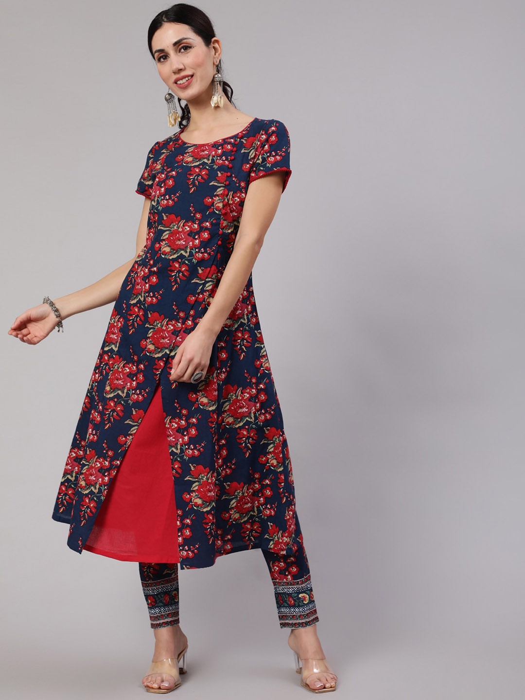 

AKS Floral Printed Round Neck A-Line Kurta, Navy blue