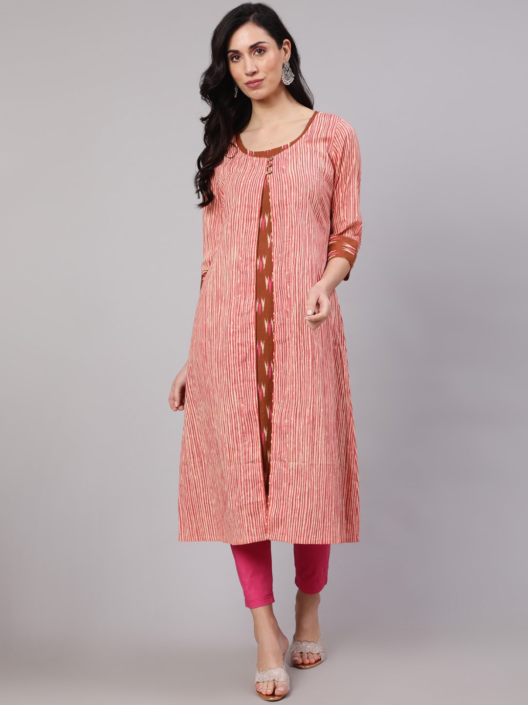 

AKS Striped Cotton Kurta With Jacket, Brown