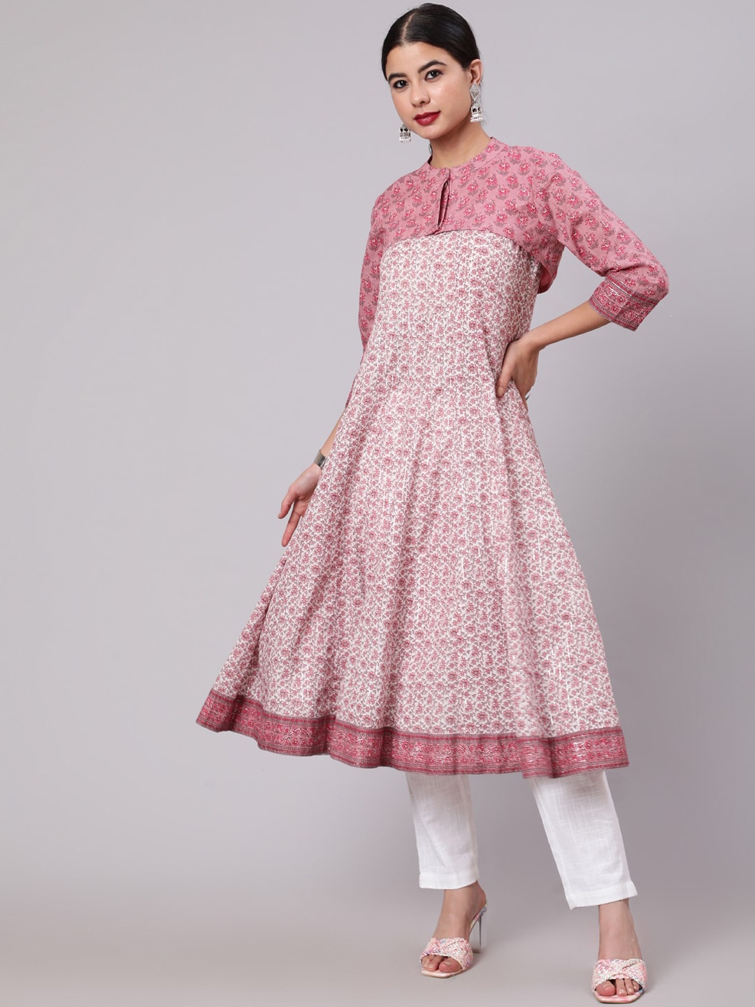 AKS Ethnic Motifs Printed Cotton Anarkali Kurta With Crop Jacket, White