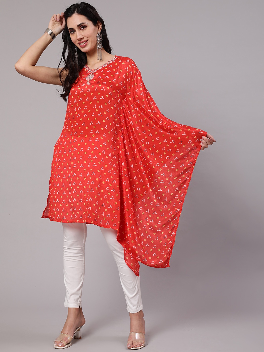 

AKS Bandhani Printed Extended Sleeves Kaftan Kurta, Orange